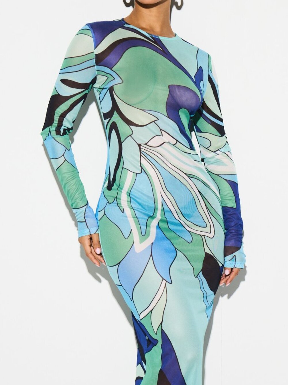 Multicolor Casual Women's Abstract Print Bodycon Long Sleeve Maxi Dress - Picture 4 of 5